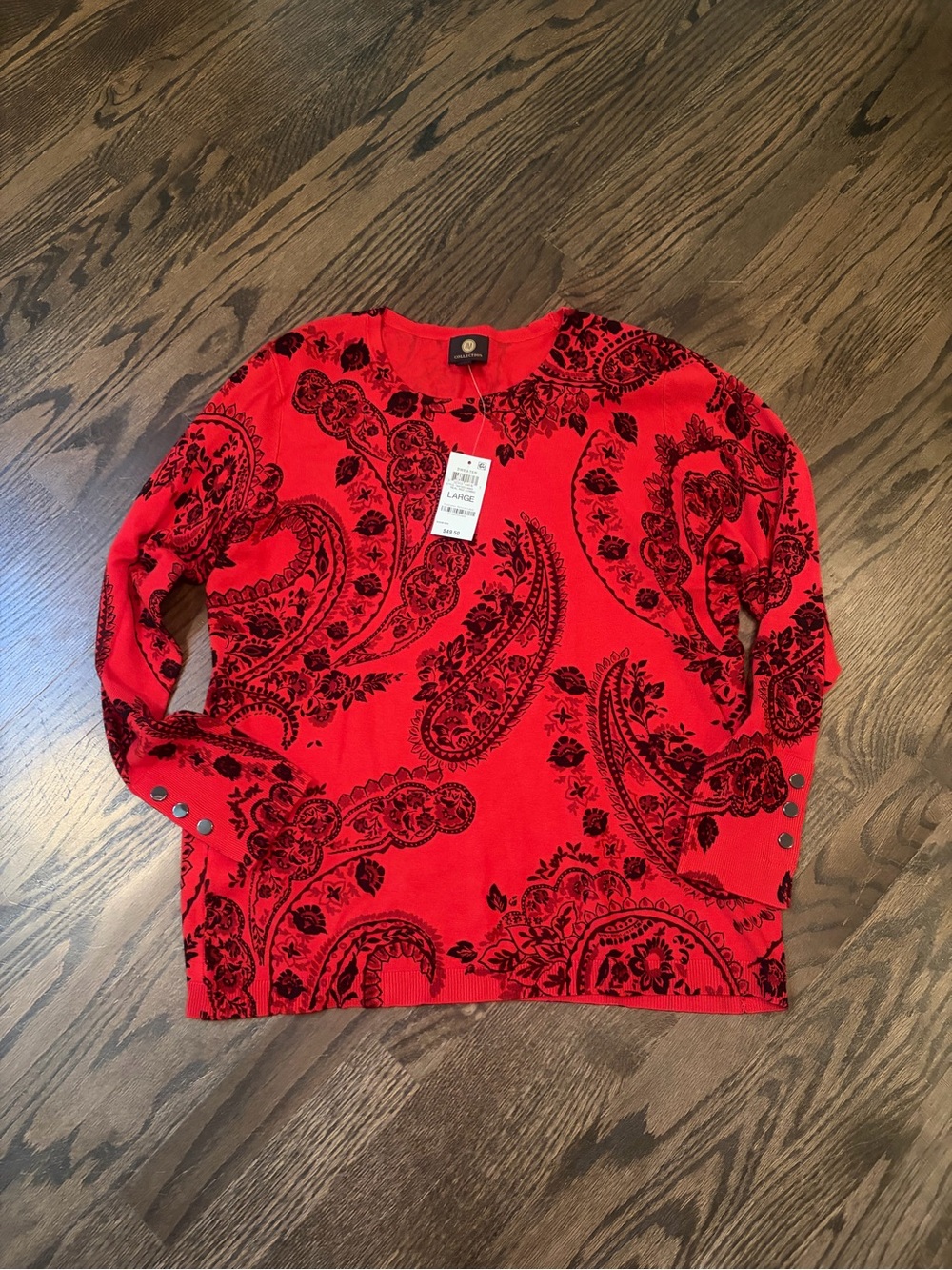 JM Collection Red Crewneck Light Sweater with Black Paisley Print NWT Large
